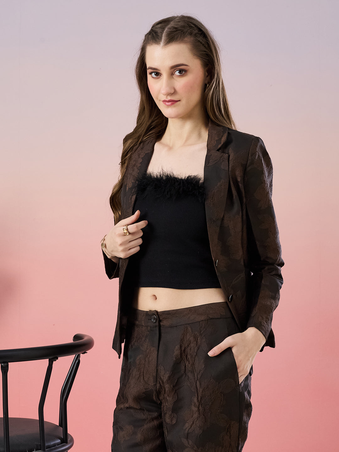 Latin Quarters Women's Brown Self Design Full Sleeve Collar Neck Party Co-Ord Set