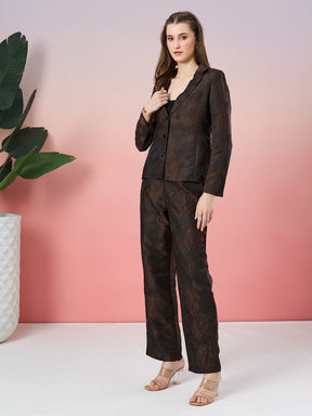 Latin Quarters Women's Brown Self Design Full Sleeve Collar Neck Party Co-Ord Set