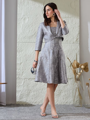 Latin Quarters Women's Grey Self Design Strappy Square Neck Party A-Line Dress with Shrug