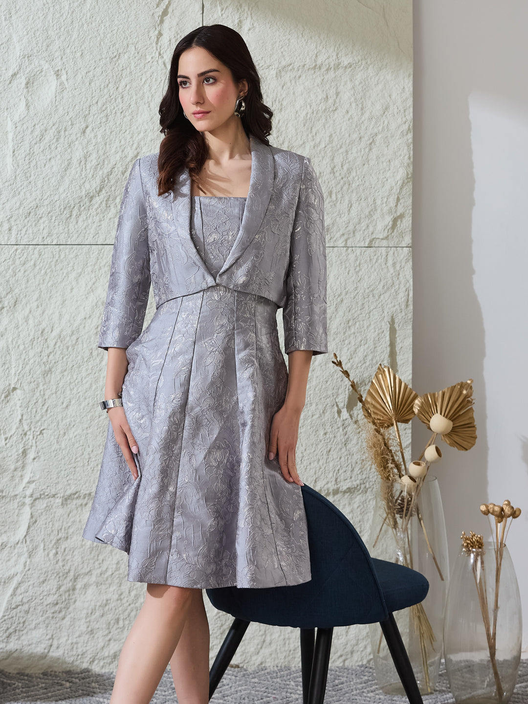 Latin Quarters Women's Grey Self Design Strappy Square Neck Party A-Line Dress with Shrug