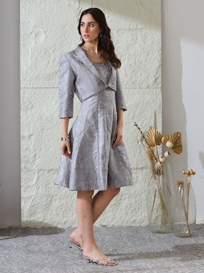 Latin Quarters Women's Grey Self Design Strappy Square Neck Party A-Line Dress with Shrug