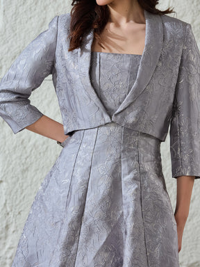 Latin Quarters Women's Grey Self Design Strappy Square Neck Party A-Line Dress with Shrug