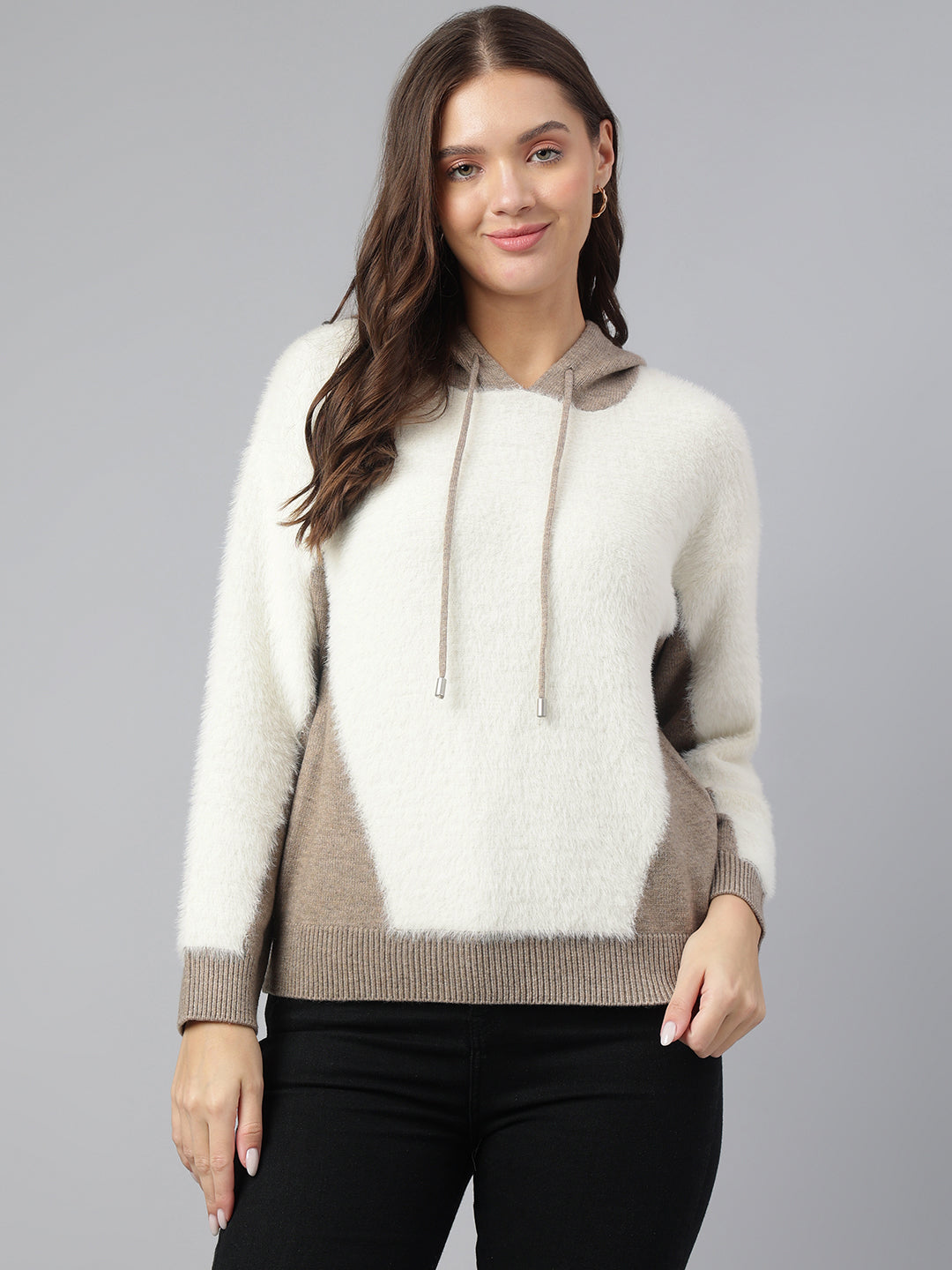 Latin Quarters Women Beige Hooded Neck Full Sleeve Solid Hoodie