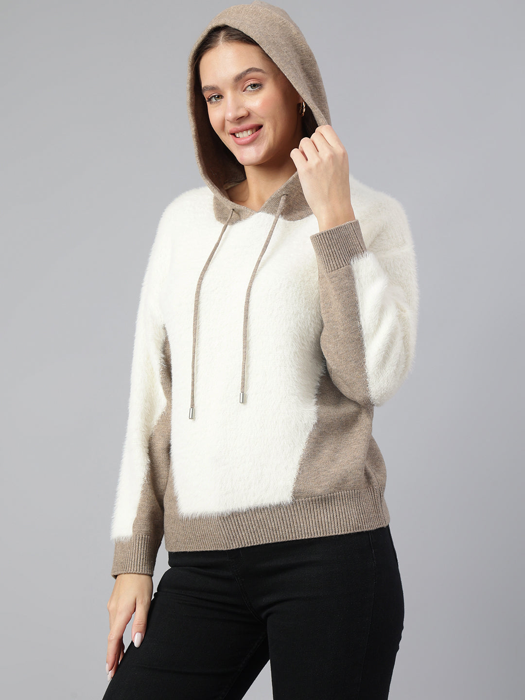 Latin Quarters Women Beige Hooded Neck Full Sleeve Solid Hoodie