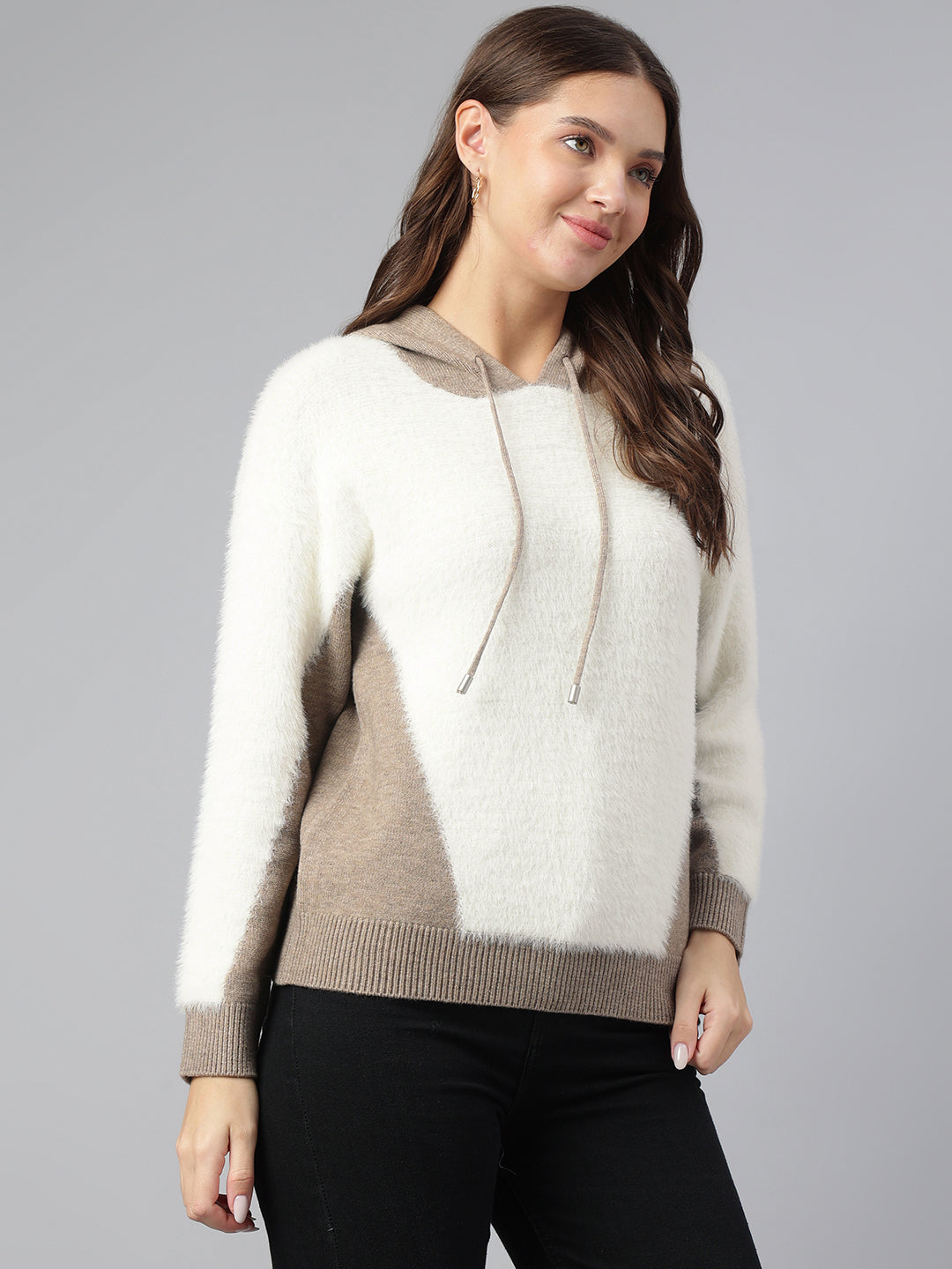 Latin Quarters Women Beige Hooded Neck Full Sleeve Solid Hoodie