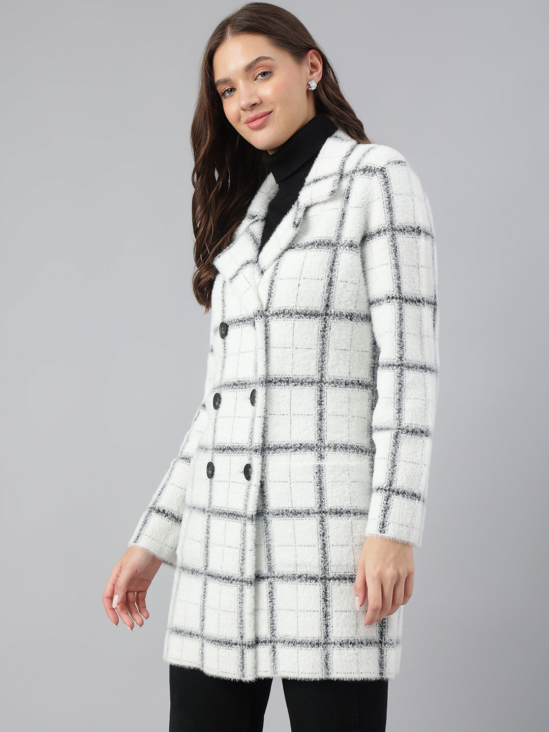 Latin Quarters Women Ivory Collar Neck Full Sleeve Checked Coat