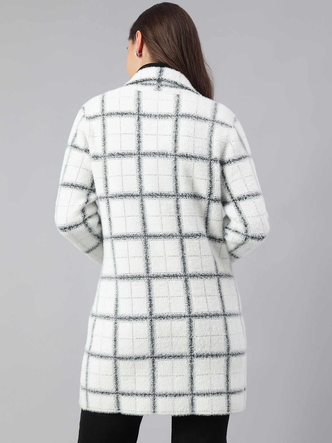 Latin Quarters Women Ivory Collar Neck Full Sleeve Checked Coat