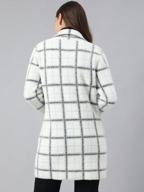 Latin Quarters Women Ivory Collar Neck Full Sleeve Checked Coat