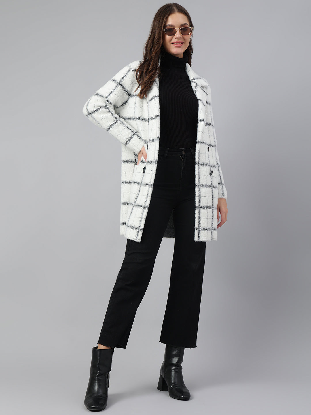 Latin Quarters Women Ivory Collar Neck Full Sleeve Checked Coat