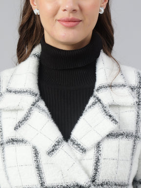 Latin Quarters Women Ivory Collar Neck Full Sleeve Checked Coat