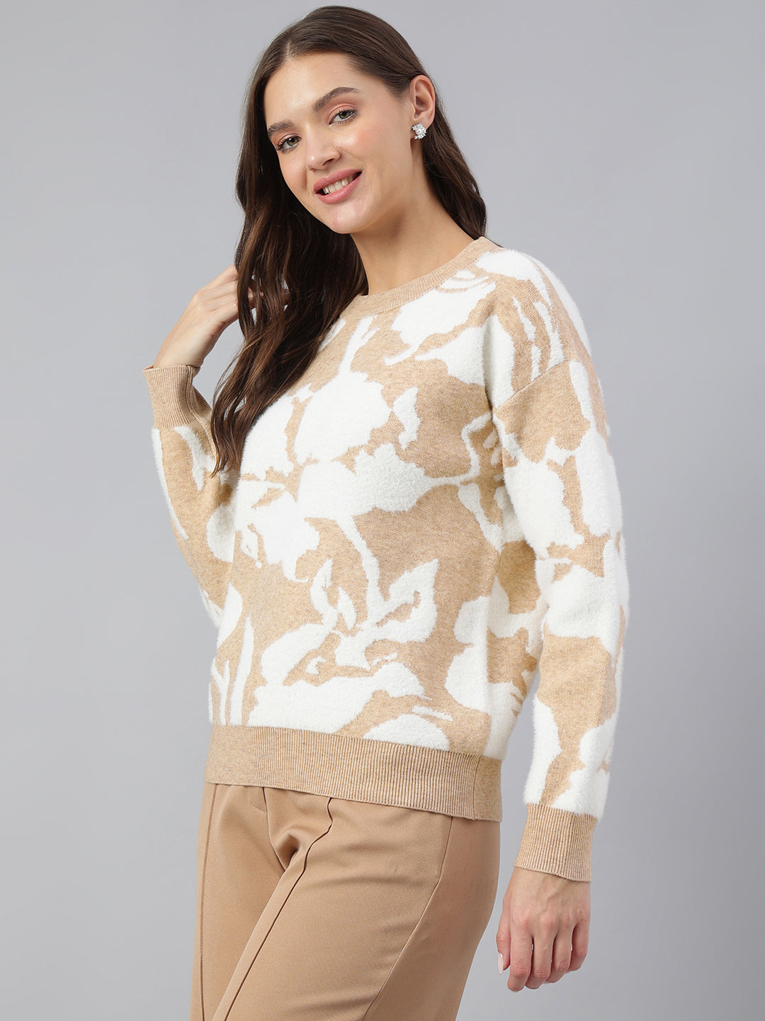 Latin Quarters Women Brown Round Neck Full Sleeve Printed Sweater