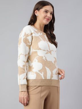 Latin Quarters Women Brown Round Neck Full Sleeve Printed Sweater