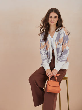 Latin Quarters Women's Ivory Full Sleeves V-Neck Self Design Casual Regular Cardigan