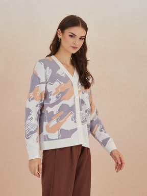Latin Quarters Women's Ivory Full Sleeves V-Neck Self Design Casual Regular Cardigan