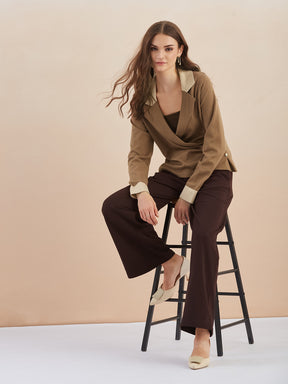 Latin Quarters Women's Brown Full Sleeves Spread Collar Solid Casual Regular Sweatshirt