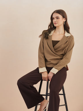 Latin Quarters Women's Brown Full Sleeves Spread Collar Solid Casual Regular Sweatshirt