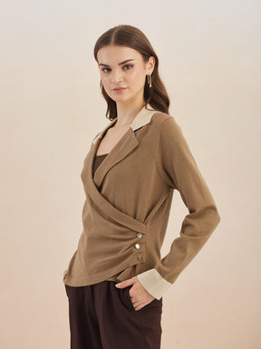 Latin Quarters Women's Brown Full Sleeves Spread Collar Solid Casual Regular Sweatshirt