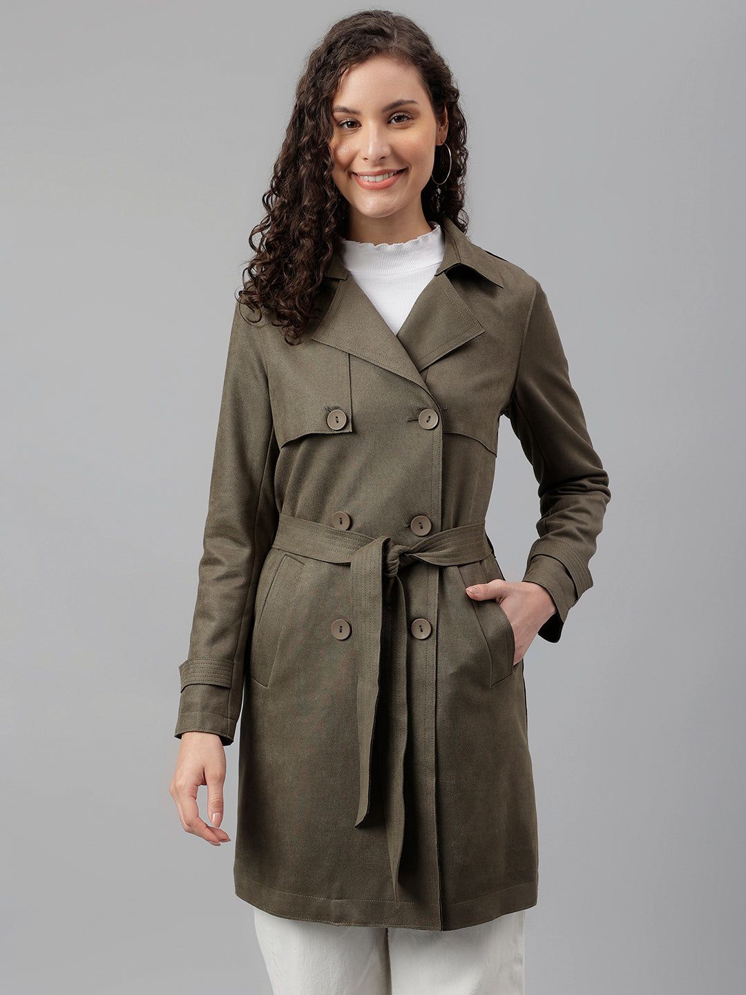 Latin Quarters Women Olive Green Solid Lapel Collar Full Sleeve Casual Trench Coat