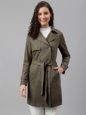 Latin Quarters Women Olive Green Solid Lapel Collar Full Sleeve Casual Trench Coat