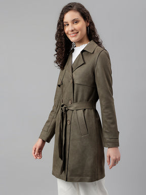 Latin Quarters Women Olive Green Solid Lapel Collar Full Sleeve Casual Trench Coat
