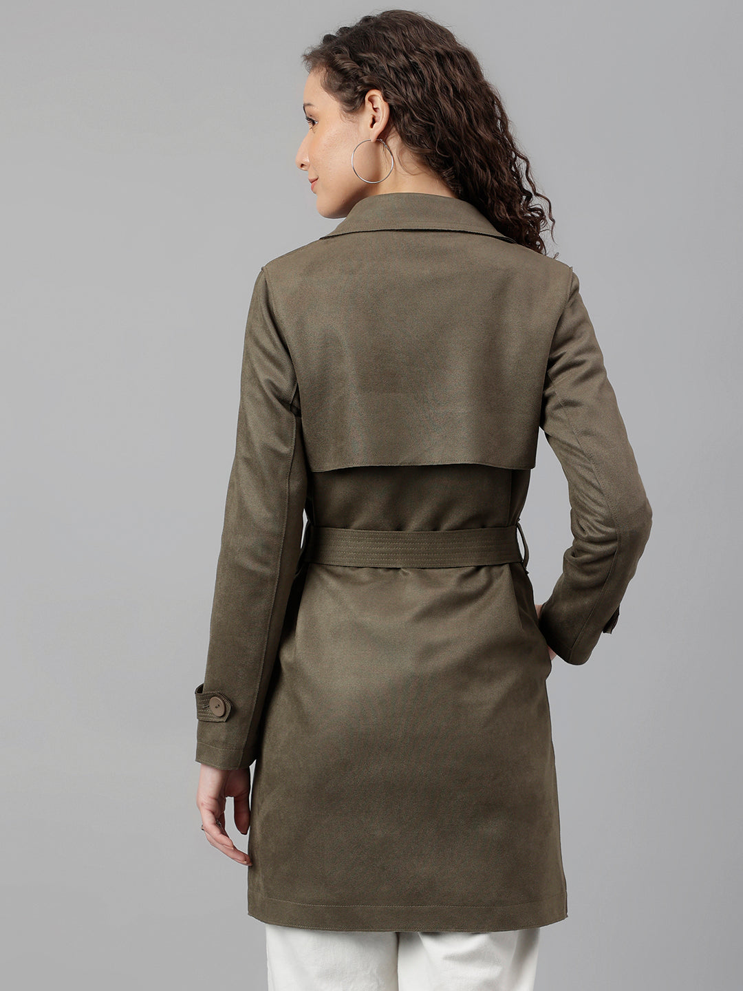Latin Quarters Women Olive Green Solid Lapel Collar Full Sleeve Casual Trench Coat
