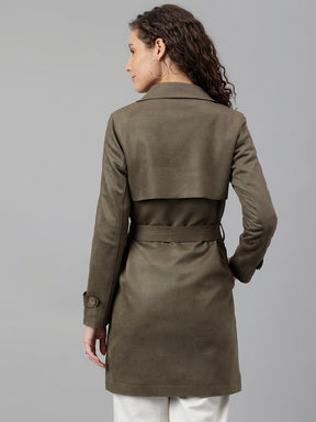 Latin Quarters Women Olive Green Solid Lapel Collar Full Sleeve Casual Trench Coat