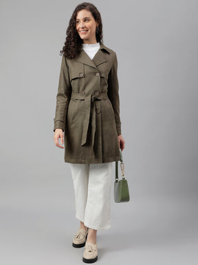 Latin Quarters Women Olive Green Solid Lapel Collar Full Sleeve Casual Trench Coat