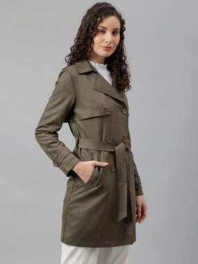 Latin Quarters Women Olive Green Solid Lapel Collar Full Sleeve Casual Trench Coat