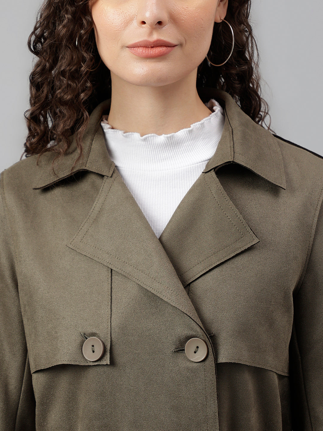 Latin Quarters Women Olive Green Solid Lapel Collar Full Sleeve Casual Trench Coat