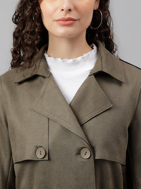 Latin Quarters Women Olive Green Solid Lapel Collar Full Sleeve Casual Trench Coat