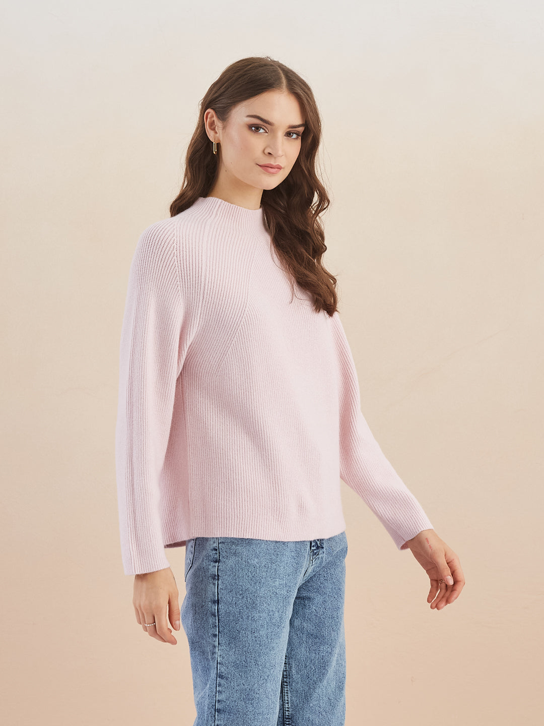Latin Quarters Women'S Pink Turtle Neck Full Sleeves Solid Casual Sweater