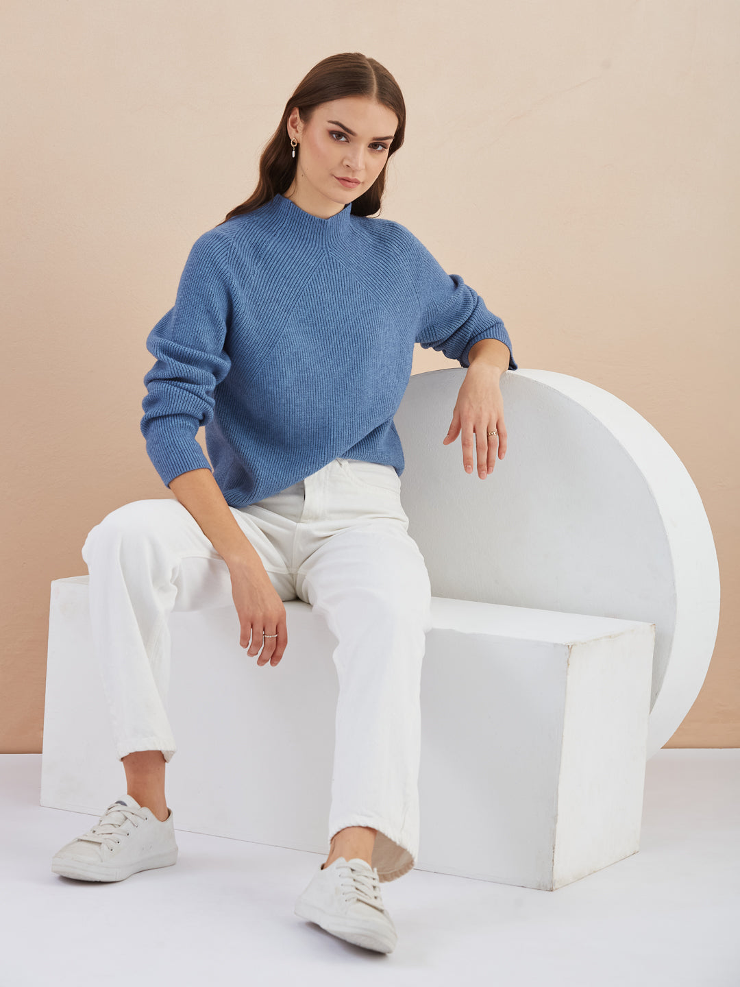 Latin Quarters Women Blue Turtle Neck Full Sleeve Solid Sweater