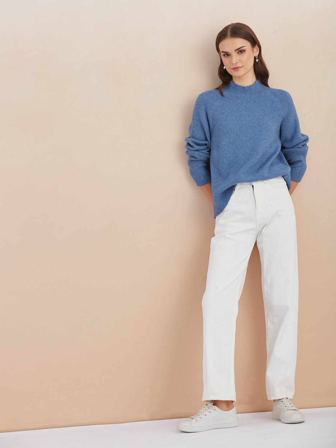 Latin Quarters Women Blue Turtle Neck Full Sleeve Solid Sweater