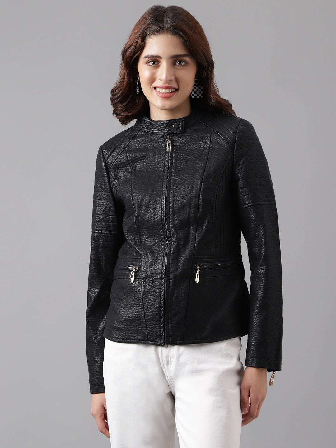 Black Full Sleeve Round Neck Solid Straight Jacket With Pocket For Women