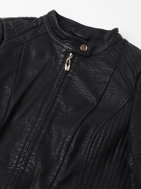 Latin Quarters Women's Solid Black Full Sleeve Mandarin Neck Casual Biker Jacket