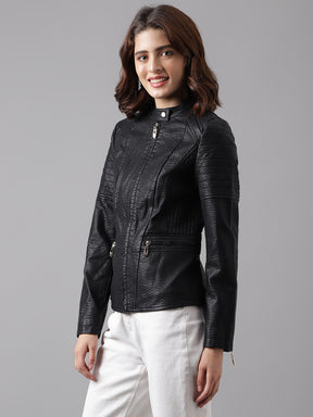 Latin Quarters Women Black Solid Collar Full Sleeve Casual Biker Jacket