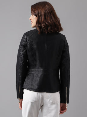 Latin Quarters Women Black Solid Collar Full Sleeve Casual Biker Jacket