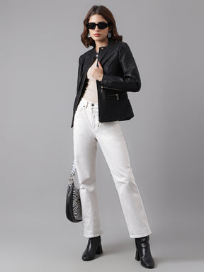 Latin Quarters Women Black Solid Collar Full Sleeve Casual Biker Jacket