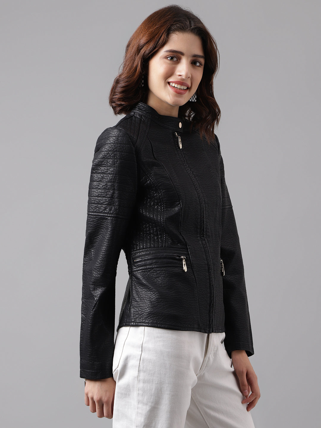 Latin Quarters Women's Solid Black Full Sleeve Mandarin Neck Casual Biker Jacket