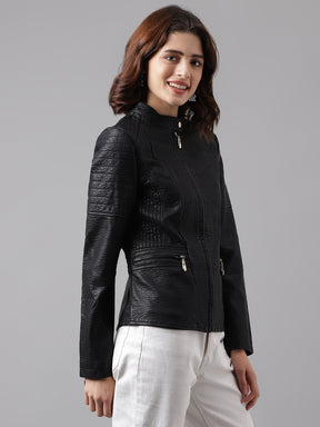 Latin Quarters Women Black Solid Collar Full Sleeve Casual Biker Jacket