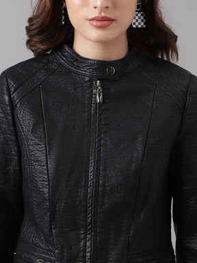 Latin Quarters Women Black Solid Collar Full Sleeve Casual Biker Jacket