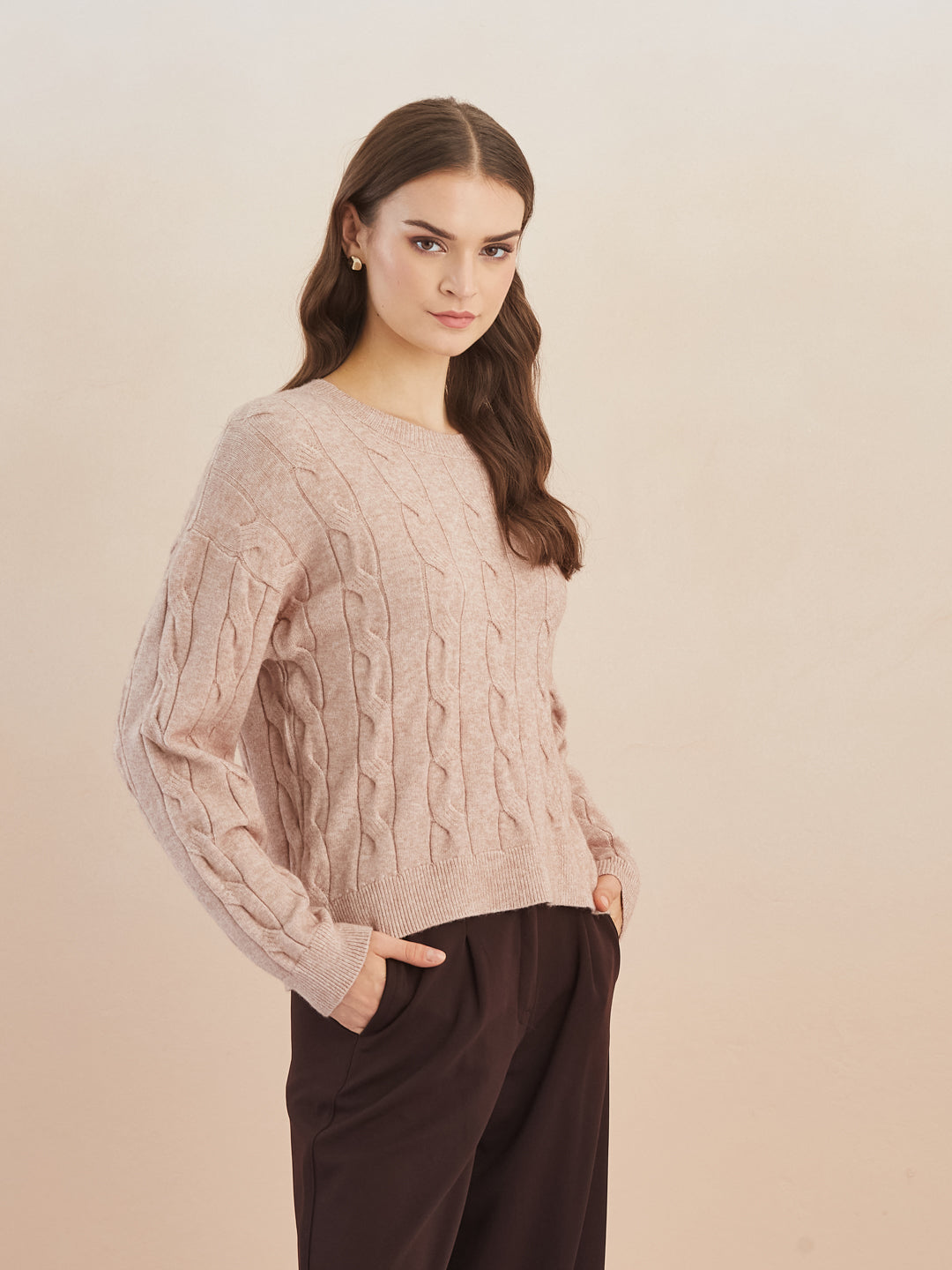 Latin Quarters Women'S Beige Round Neck Full Sleeves Self Design Casual Sweater