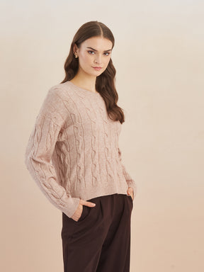 Latin Quarters Women'S Beige Round Neck Full Sleeves Self Design Casual Sweater