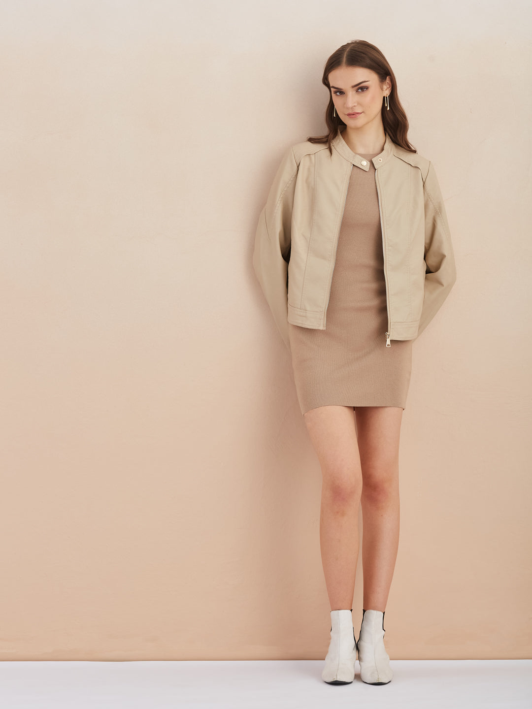 Latin Quarters Women Beige Solid Collar Full Sleeve Casual Biker Jacket