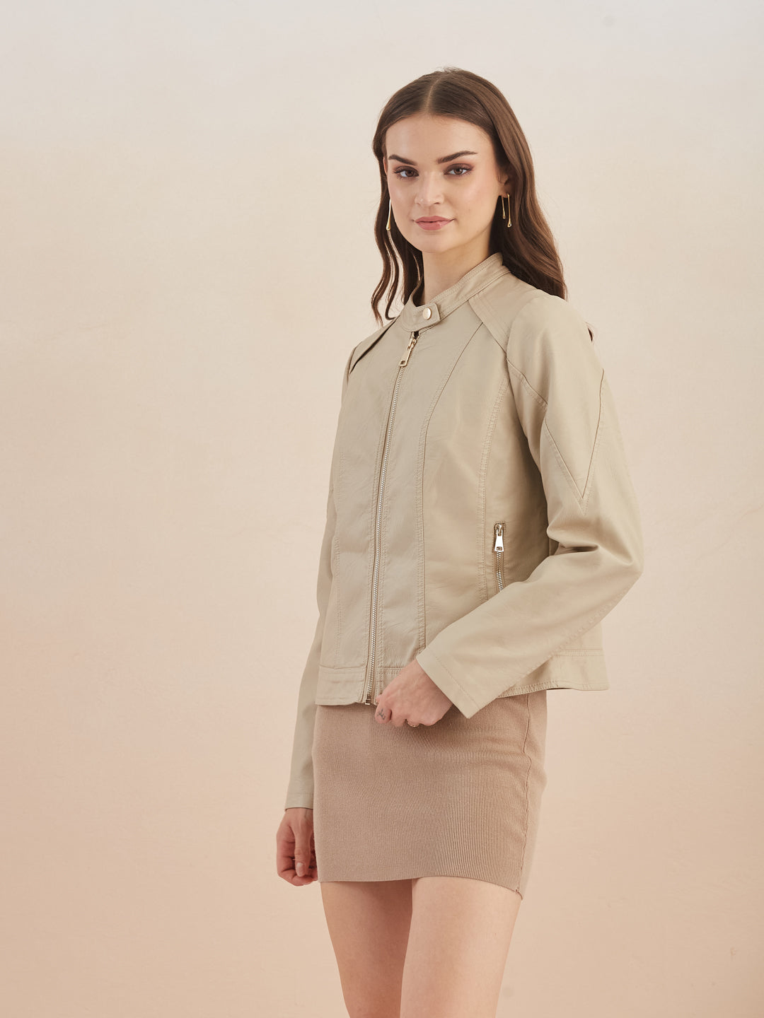 Latin Quarters Women's Beige Solid Full Sleeves Mandarin Neck Casual Biker Jacket