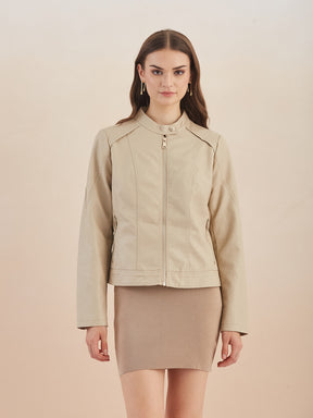 Latin Quarters Women Beige Solid Collar Full Sleeve Casual Biker Jacket