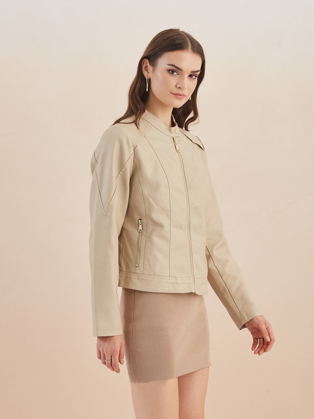 Latin Quarters Women Beige Solid Collar Full Sleeve Casual Biker Jacket