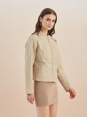 Latin Quarters Women Beige Solid Collar Full Sleeve Casual Biker Jacket