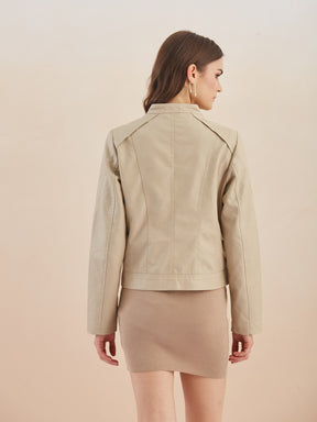 Latin Quarters Women Beige Solid Collar Full Sleeve Casual Biker Jacket