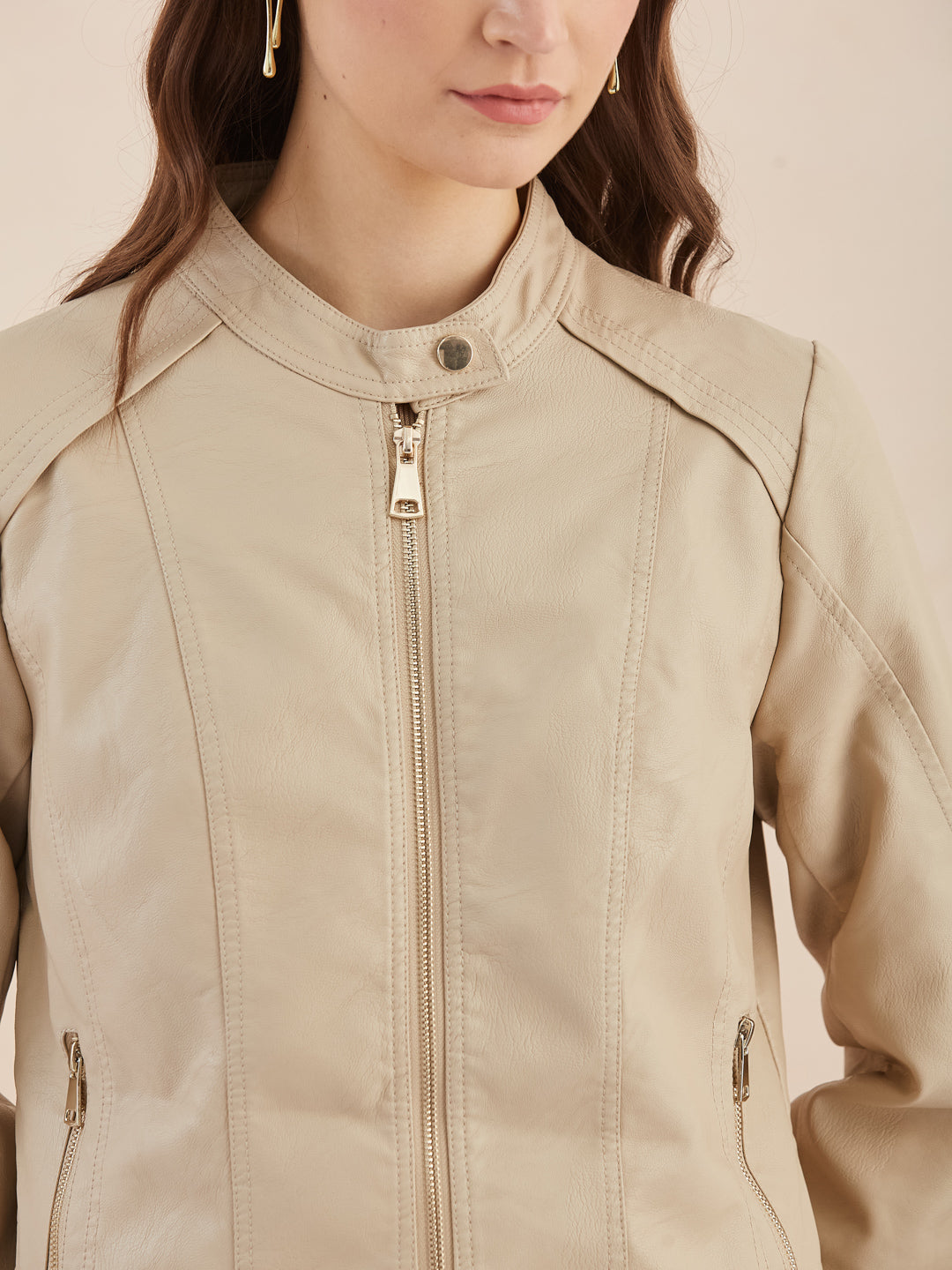 Latin Quarters Women Beige Solid Collar Full Sleeve Casual Biker Jacket